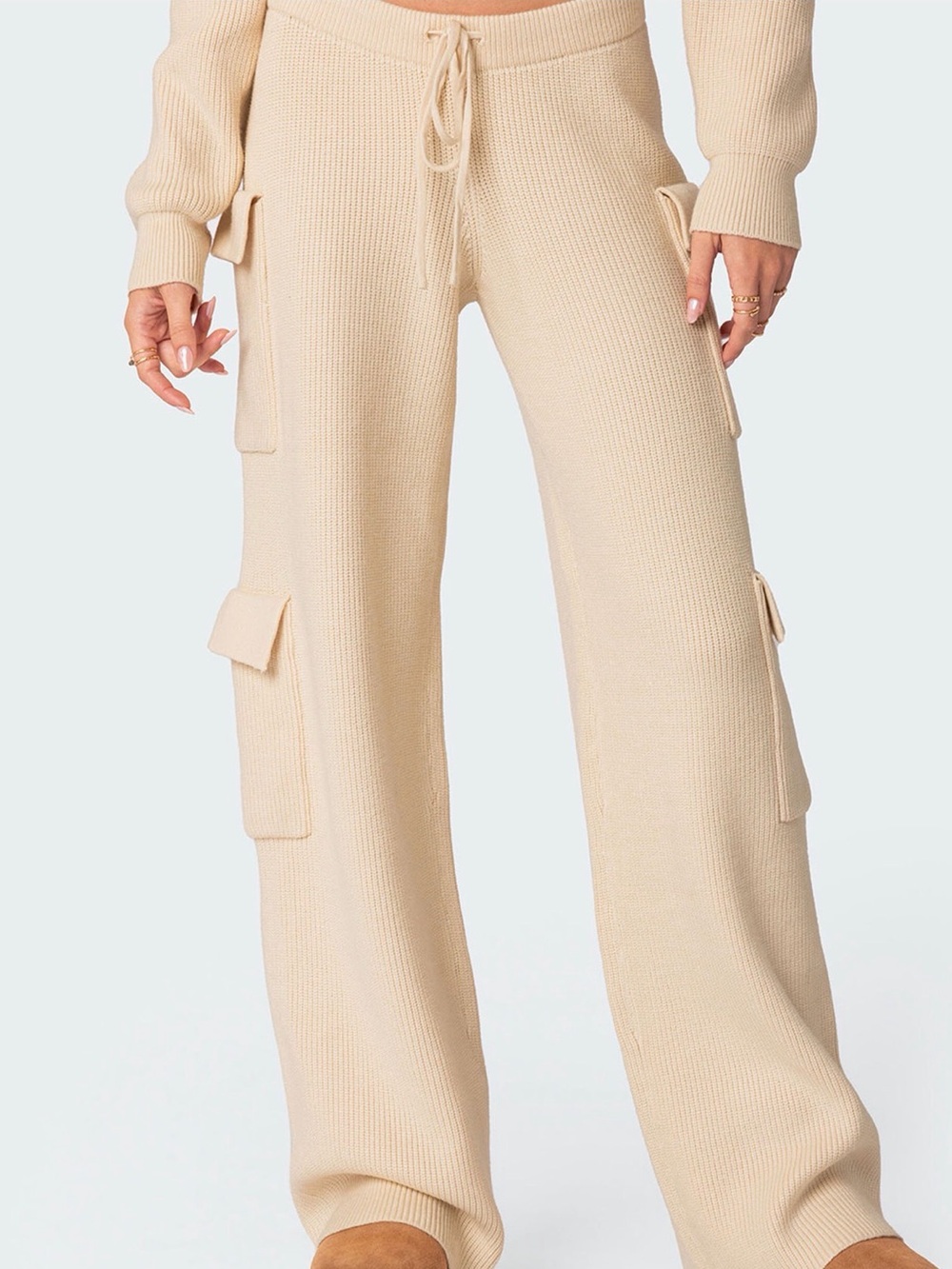Edikted “Wynter” Wide-Leg Cargo Knit Pants in Cream